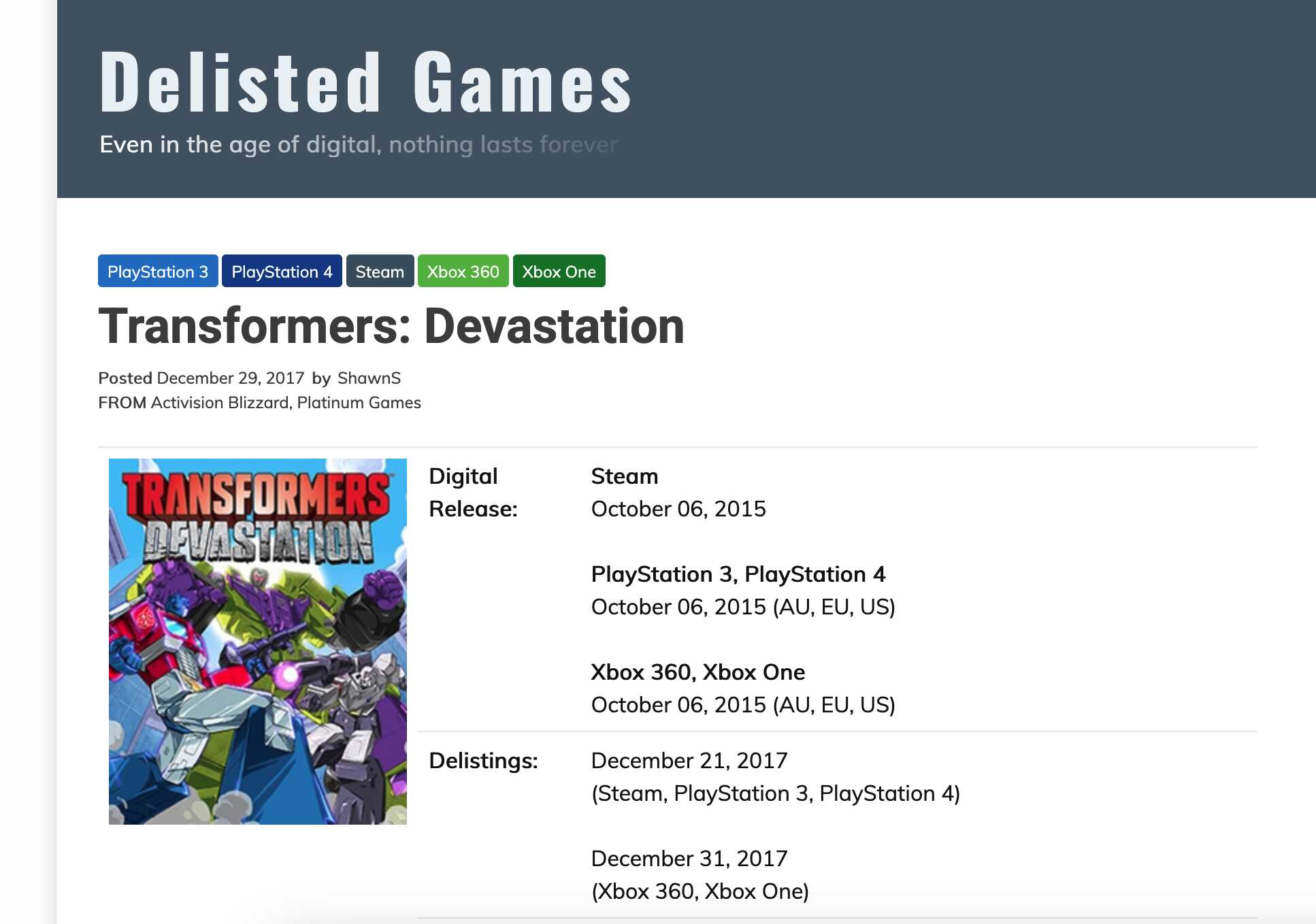 Screenshot of delistedgames.com showing Transformer Devastation