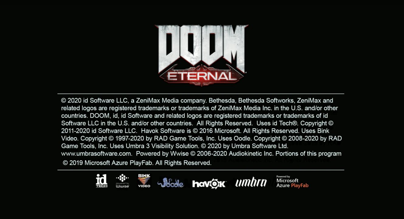 Screenshot of Doom Eternal copyright disclamer, focusing on middleware logos at the bottom