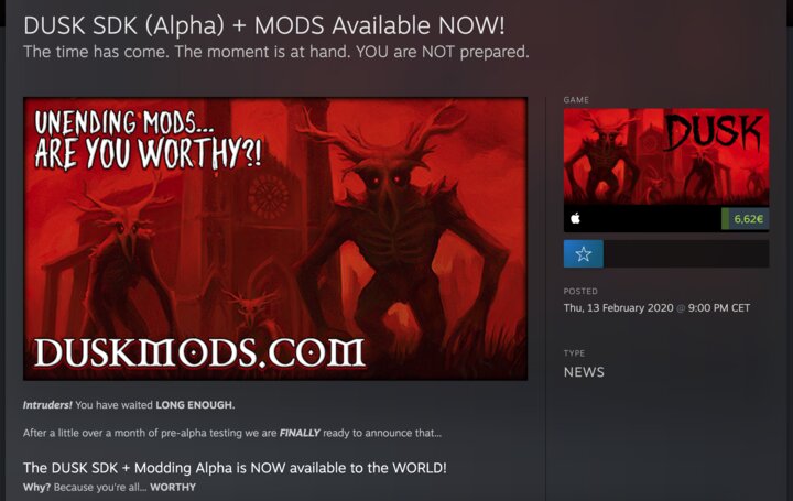 Screenshot of Steam, announcement of Dusk mod support