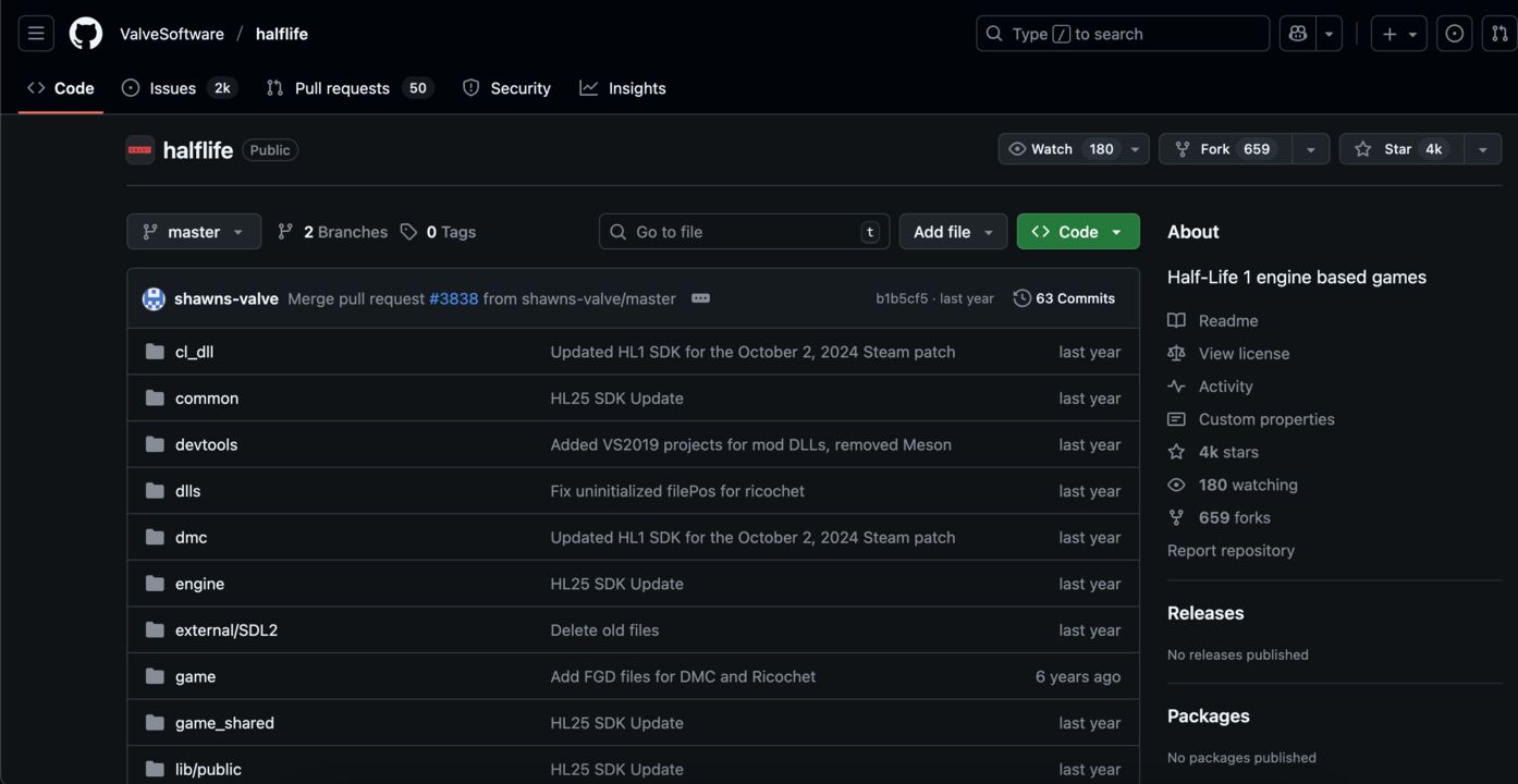 Screenshot of Github, Half Life SDK Page