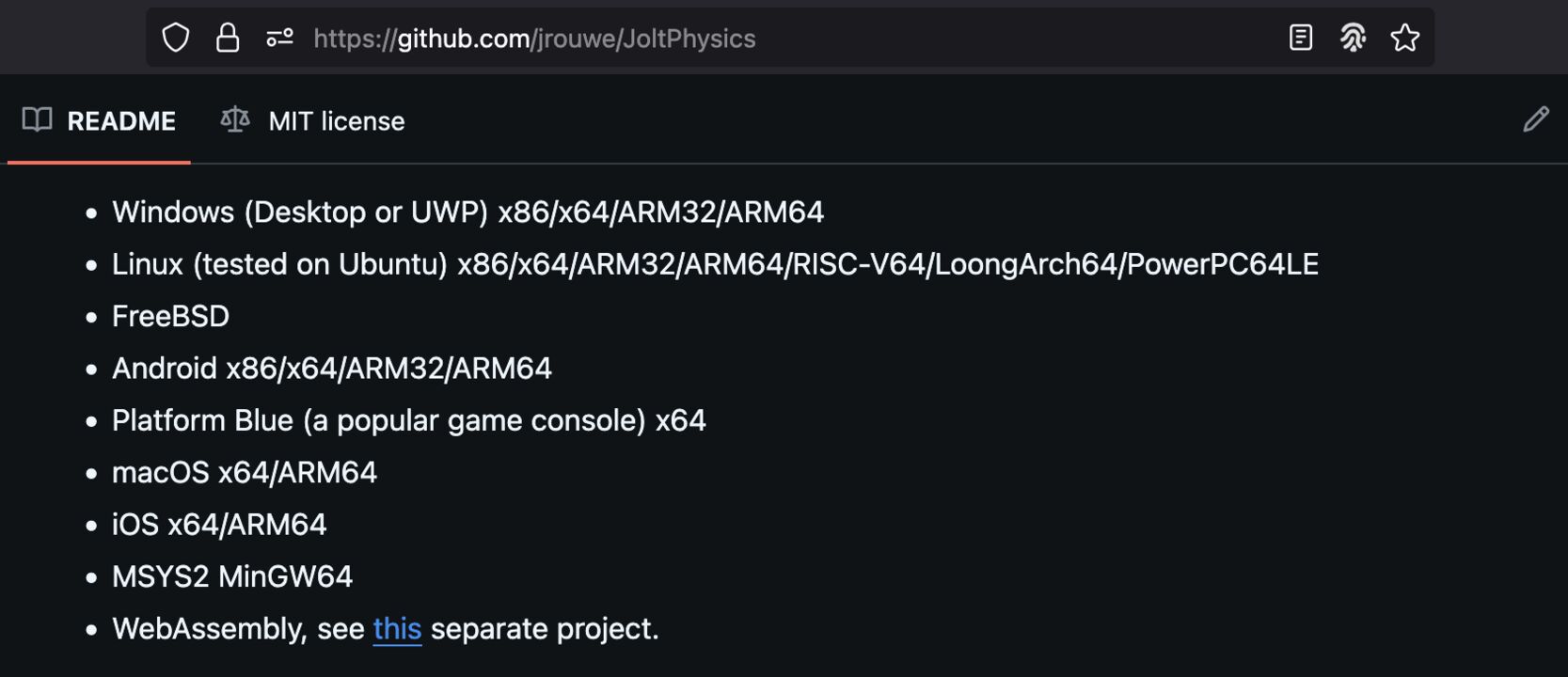 Screenshot of Github, Jolt-Physics platforms
