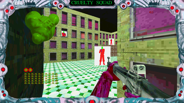A Screenshot of Cruelty Squad, first person, PS1 Stylized